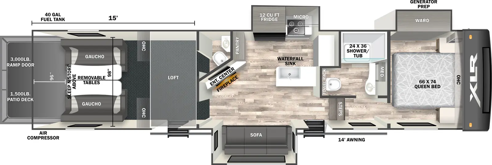 The XLR Nitro 36G15 floorplan is a toy hauler that has two entries and three slide outs. Exterior features include: fiberglass exterior. Interiors features include: loft, front bedroom and bathroom and a half.